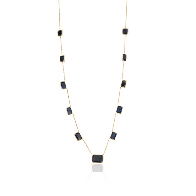 Metal Deco-Style 16.19ct Emerald-Cut Blue Sapphire Station Necklace in 18k Gold, 18 Inches For Sale - Image 7 of 17