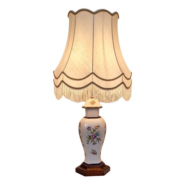 Vintage Table Lamp with Porcelain Base on Linden Wood Base, 1970s For Sale