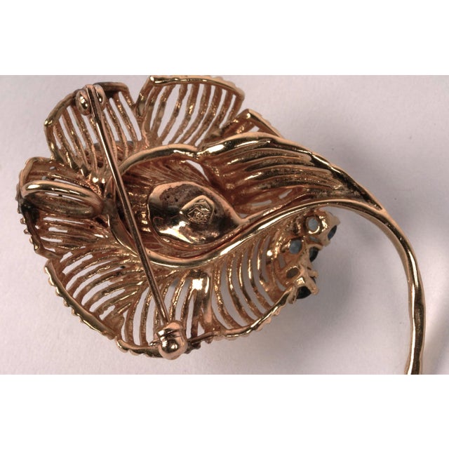 Vintage Fourteen Karat Yellow Gold Diamonds and Sapphires Floral Brooch Pendant For Sale - Image 4 of 6