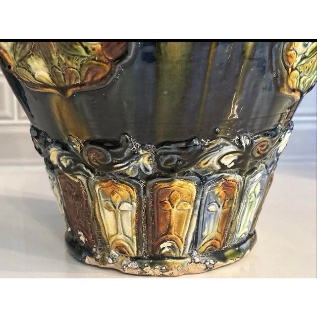 Antique Cobalt Blue Sancai Glaze Style Urn 1970’s Reproduction Vase Majolica Pottery 11" High X 10" For Sale In Chicago - Image 6 of 12