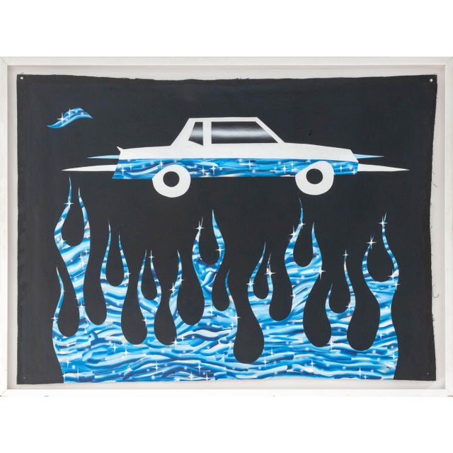 Jesse Spears (American, XX-XXI), Blue Flame Car, Oil on Unstretched Canvas, unsigned, white frame. Image: 35" H x 48.5" W;...