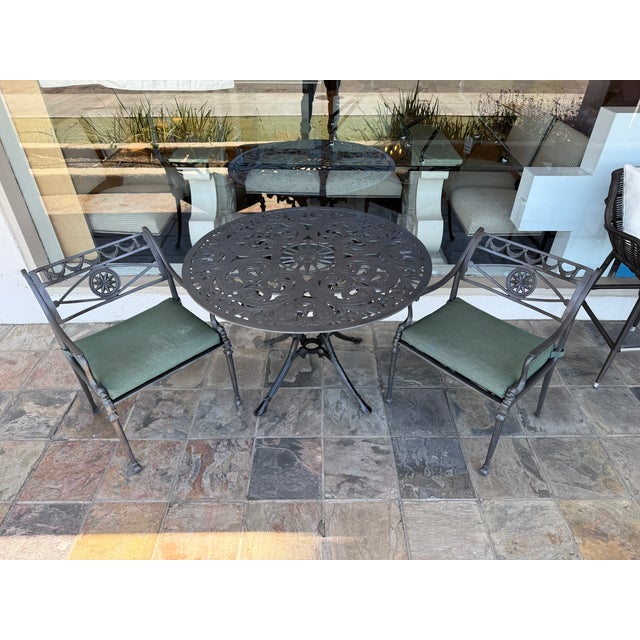Neoclassical S. Lecon Circa 1990 Neoclassical Cast Metal Patio Dining Set, 42 Inches For Sale - Image 3 of 18