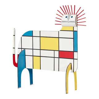 Vintage Painted Metal Lion Sculpture in the Neoplasticism Style of Piet Mondrian by Anne Law For Sale