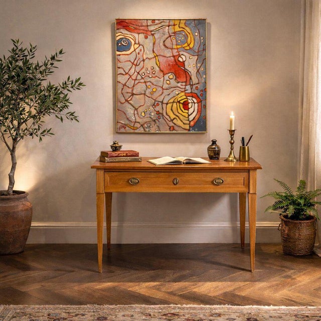 Directoire mahogany writing desk. Drawer in the lower section, truncated pyramidal legs, fir interior. Gilded metal...