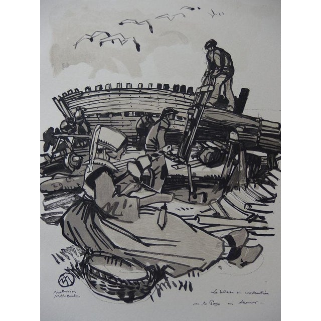 Mathurin Meheut, Boats Under Construction in Armor, 1930s, Original Woodcut For Sale - Image 6 of 6