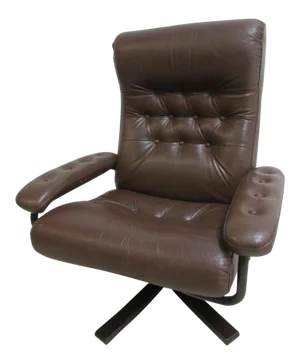 Vintage Mid-Century Leather Rosewood Tuft Revolving Arm Lounge Chair