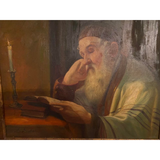 Mid 20th Century Oil Painting of Rabbi Reading With Lamp, Framed For Sale - Image 4 of 7