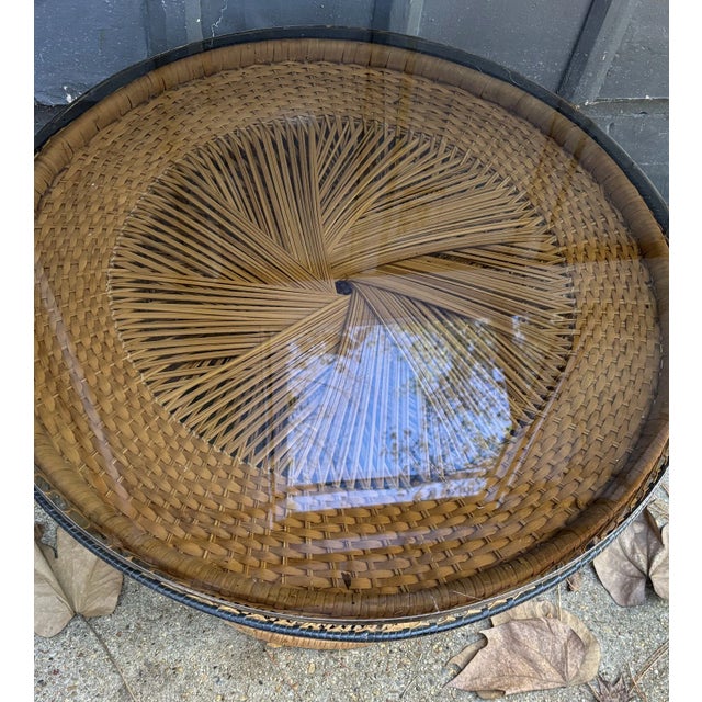 Mid-Century Modern 1970s Spun Wicker Glass-Top Coffee Table For Sale - Image 3 of 3
