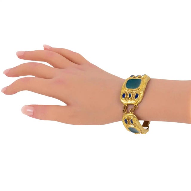 Gold French Designer Willy Gilt Bronze, Green Enamel Link Bracelet For Sale - Image 8 of 8