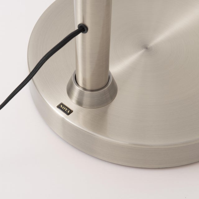 Coronado Float Chairside Arc Lamp by Nova of California - Satin Nickel Steel, White Linen Drum Shade, 92 Inch Tall, 16 Inch Shade, Dimmable For Sale In Los Angeles - Image 6 of 7