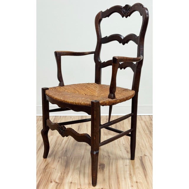 Farmhouse Antique Carved Wood French Country Rush Seat Dining Chairs, Set of 6 For Sale - Image 3 of 18