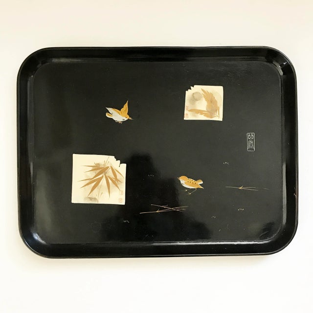 Vintage Japanese Black Lacquer Rectangular Tray With Birds and Bamboo Leaves For Sale - Image 12 of 12