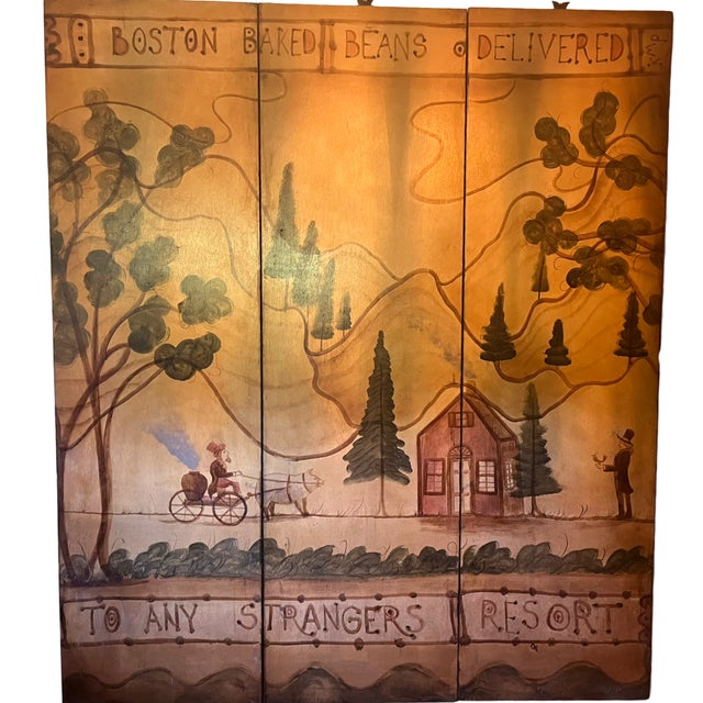 Maroon Three Paneled Painted Screen by Artist Kevin Paulsen, Boston Baked Beans Delivered For Sale - Image 8 of 8