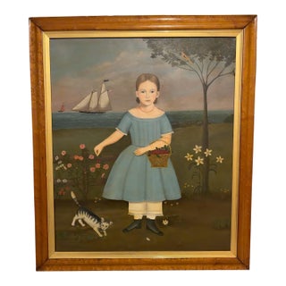 1960s American Folk Art Primitive Portrait of Young Girl With Cat & Schooner by an Unknown American Folk Artist – Oil on Canvas For Sale