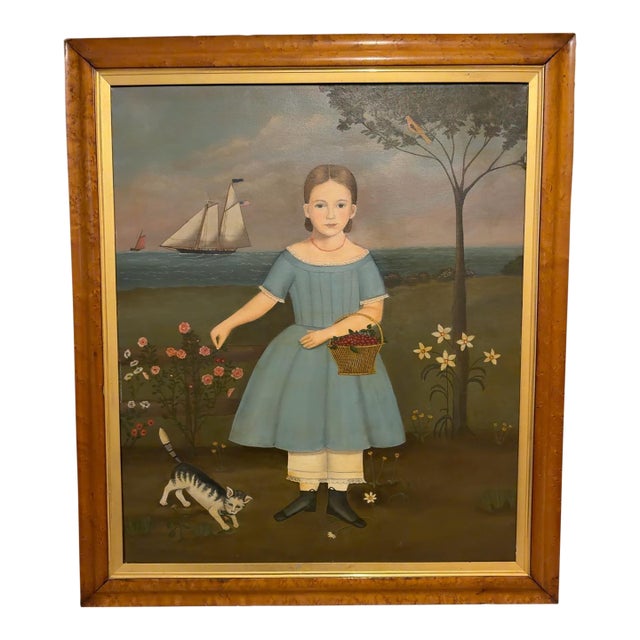 1960s American Folk Art Primitive Portrait of Young Girl With Cat & Schooner by an Unknown American Folk Artist – Oil on Canvas For Sale