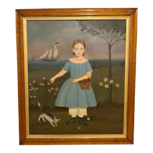 1960s American Folk Art Primitive Portrait of Young Girl With Cat & Schooner by an Unknown American Folk Artist – Oil on Canvas