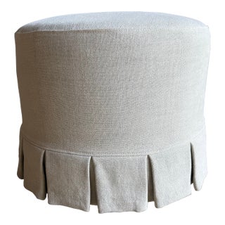 Bailey Greige Slip Covered Ottoman in Linen With Pleated Skirt For Sale
