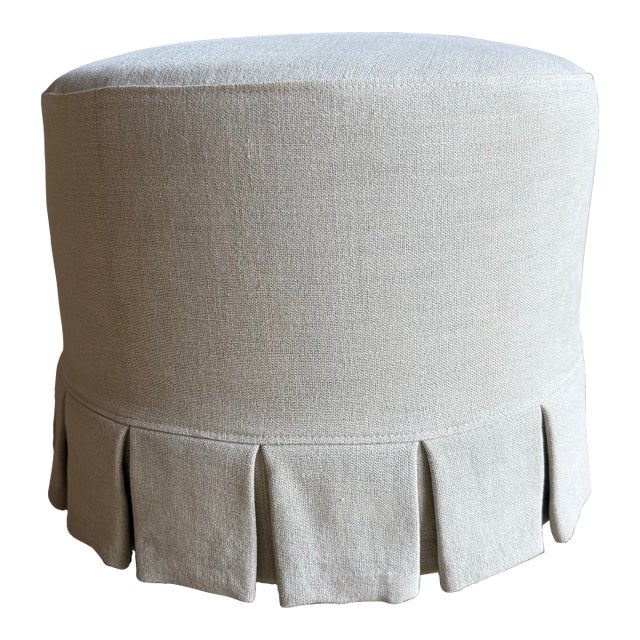 Bailey Greige Slip Covered Ottoman in Linen With Pleated Skirt For Sale