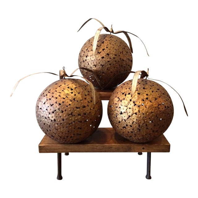 Set of 3, Mid 20th Century Gilt Metal Macy's Store Display Ball Ornaments For Sale