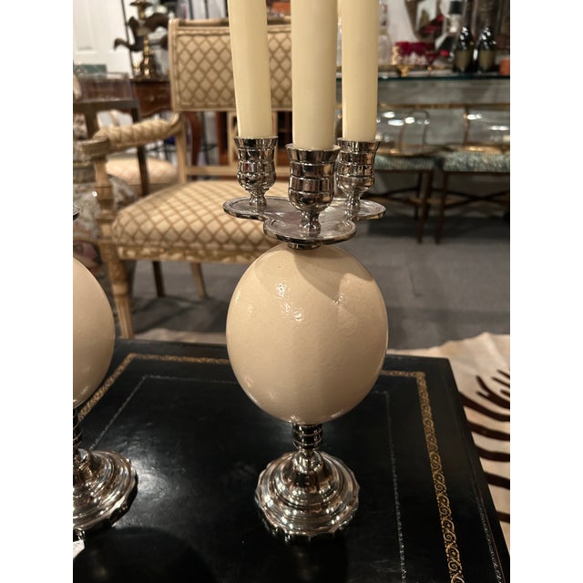 Hollywood Regency Silver Plate & Ostrich Egg Candlesticks -a Pair For Sale - Image 3 of 11