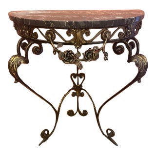 Vintage Italian Style Demilune Wrought Iron Marble Top Console Table For Sale