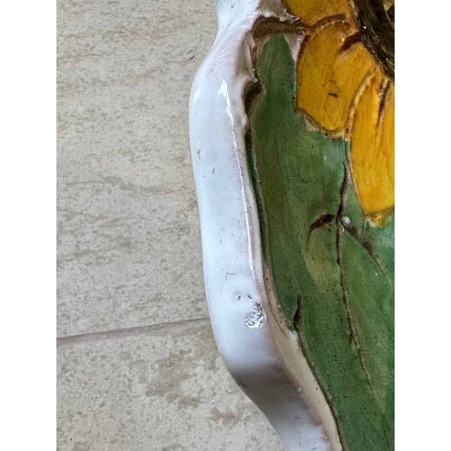 Vintage 13.5” Italian Sunflower Incised, Glazed Handpainted Terracotta Platter For Sale - Image 11 of 16