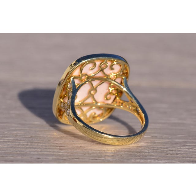 The 154th Avenue: Pink Coral and Natural Diamond Cocktail Ring in Yellow Gold For Sale In Philadelphia - Image 6 of 11