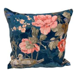 20" Square Pillow With a Pink Floral and Bird Pattern on a Velour-Like Dark Blue Background - Made in Uk. For Sale