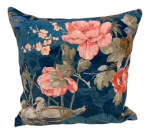 20" Square Pillow With a Pink Floral and Bird Pattern on a Velour-Like Dark Blue Background - Made in Uk.