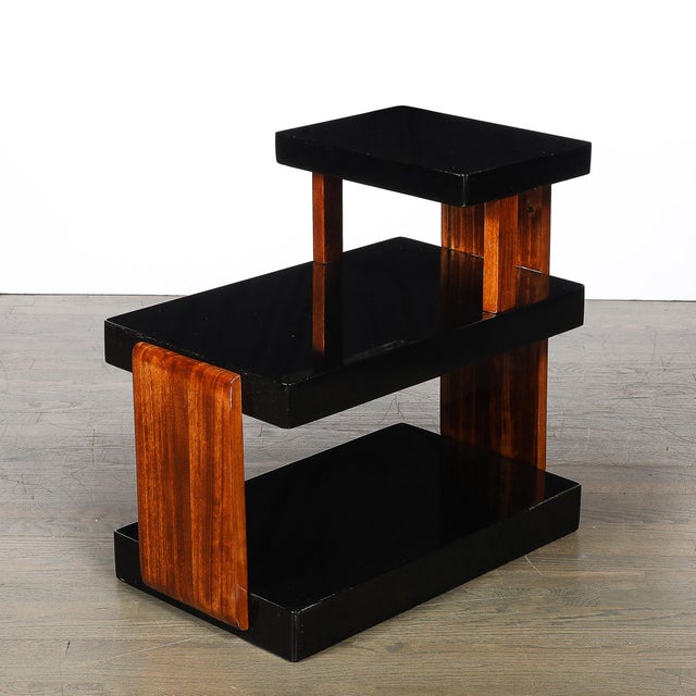 Art Deco Machine Age Three-Tier Black Lacquer & Walnut Side Table For Sale - Image 14 of 14