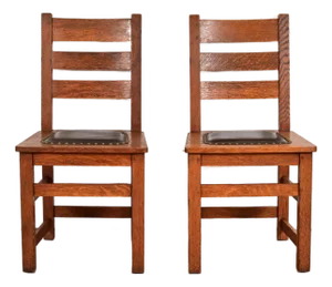 Limbert Antique Mission Oak Arts & Crafts Ladder Back Side Chairs or Dining Chairs, Pair