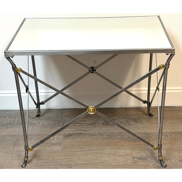 Silver Maison Jansen Style French Neoclassical Steel & Brass Mirrored Gueridon Table For Sale - Image 8 of 13