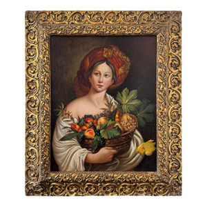 18th Century Oil on Copper Painting of a Woman Holding a Fruit's Basket