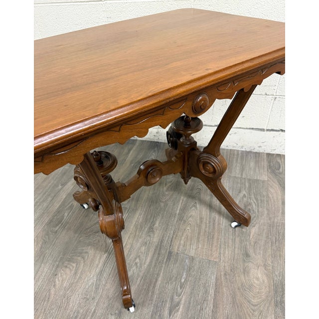 Early 20th Century Antique W & M Salmans Victorian Eastlake Carved Oak Trestle Base Library Table For Sale - Image 5 of 10