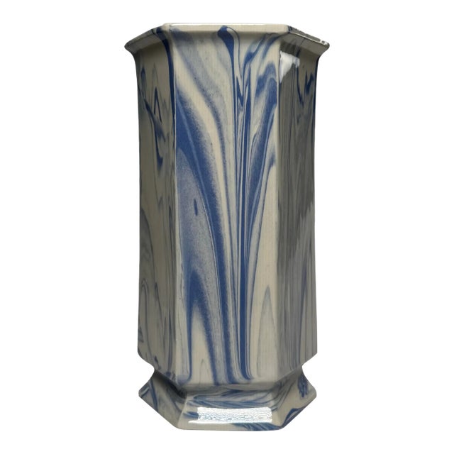 Vintage Traditional Neoclassical Blue & White Ceramic Studio Art Pottery Vase For Sale
