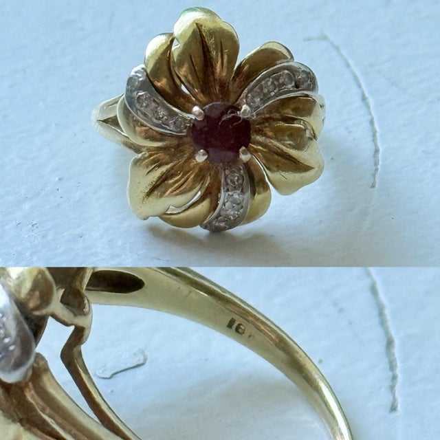 Metal Vintage Mid-Century 18k Yellow Gold Garnet and Diamond Flower Cluster Ring, Size 7 For Sale - Image 7 of 12
