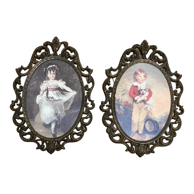 Wall Art Oval Ornate Framed Metal Victorian Picture Girl Boy Florentia Italy Vtg For Sale