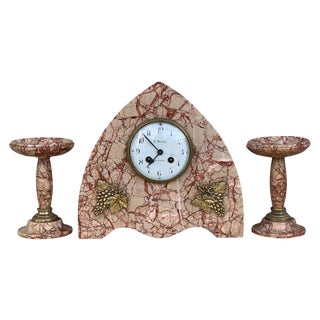 Art Deco Pink Marble Set of Mantle, Desk or Chapel Clock With Bronze Details For Sale