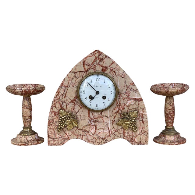 Art Deco Pink Marble Set of Mantle, Desk or Chapel Clock With Bronze Details For Sale