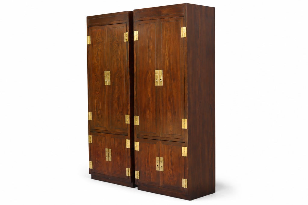1970s Pair of Vintage Henredon Campaign-Style Wood Armoires With Brass Hardware — view 4