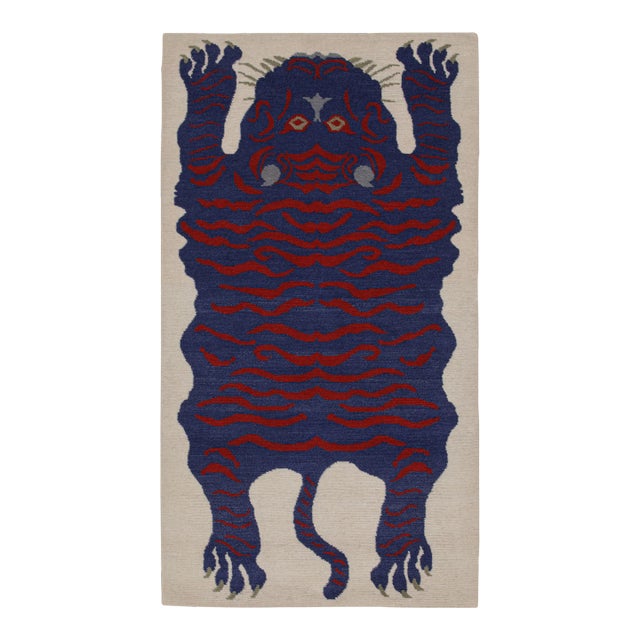2010s Rug & Kilim’s Tiger-Skin Rug in White With Blue & Red Pictorial For Sale