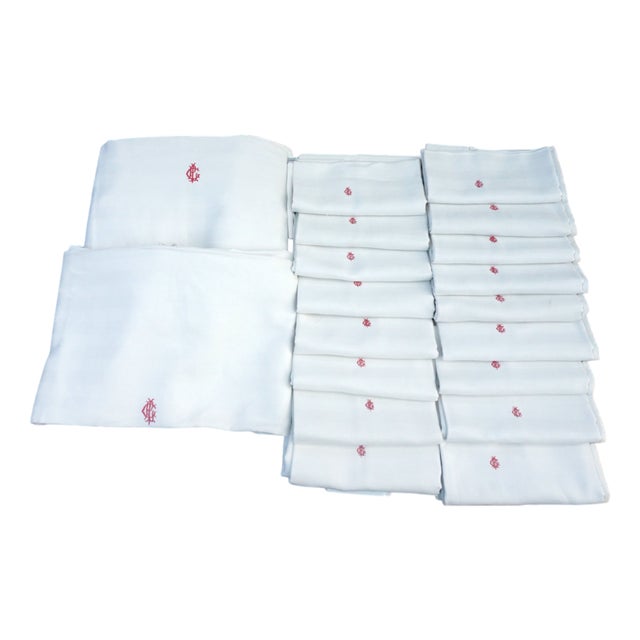 Linen Dining Napkins and Tablecloths with G L Monogram, France, Set of 19 For Sale