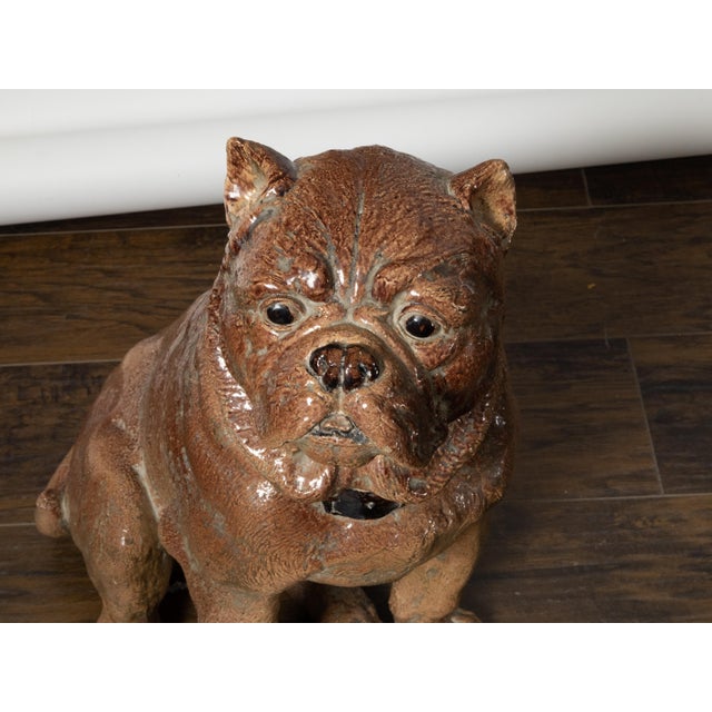 Mid 20th Century Vintage English Midcentury Sitting Bulldog Pottery Statue with Black Collar For Sale - Image 5 of 10