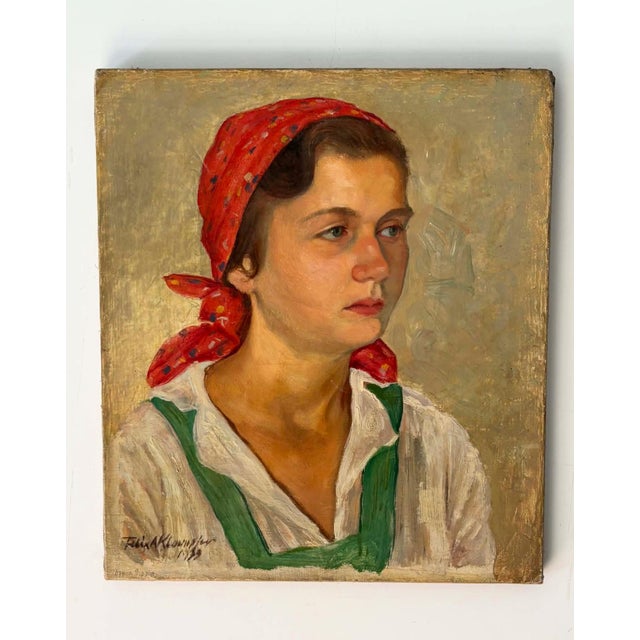Farmer Woman with Red Headscarf, 1939, Oil on Canvas For Sale - Image 8 of 9