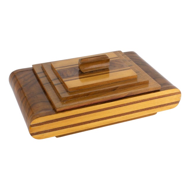 Art Deco Wood Marquetry Geometric Skyscraper Box, circa 1930 For Sale