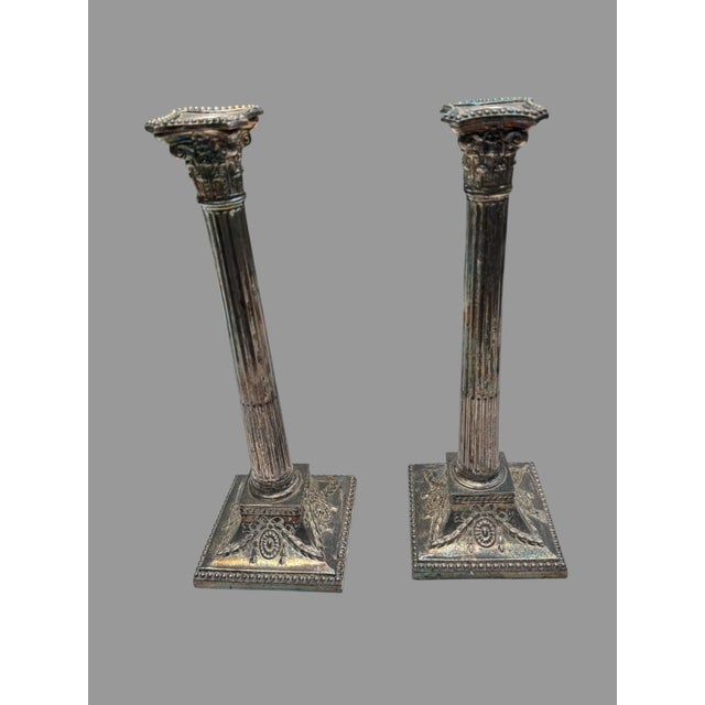 Early 20th Century Antique Silverplate Candelabra Pair 3 Light Corinthian Column 22” Tall Ornate For Sale - Image 5 of 10