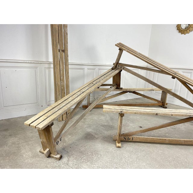 Industrial Vintage Slatted Benches in Beech, 1930s, Set of 2 For Sale - Image 3 of 14