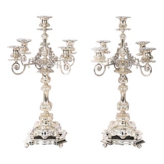 Antique Swedish Silver-Plated 5-Light Candelabras by A.G. Dufva, 19th Century, Set of 2 For Sale