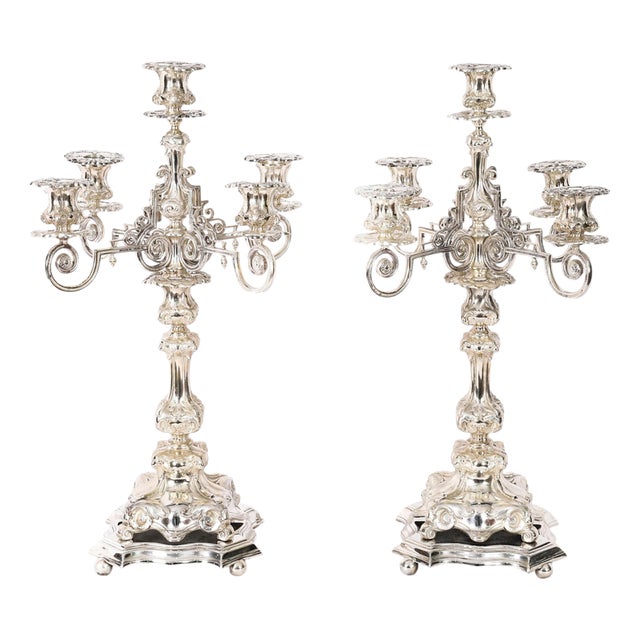 Antique Swedish Silver-Plated 5-Light Candelabras by A.G. Dufva, 19th Century, Set of 2 For Sale