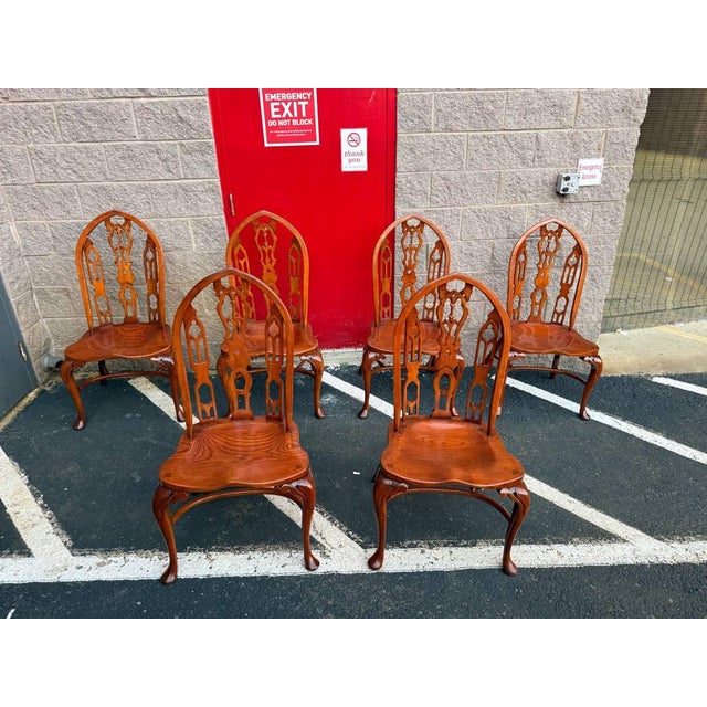 Vintage Gothic Strawberry Hill Windsor Steeple Back Dining Chairs . Solid oak frame, very heavy marked by AS They feature...